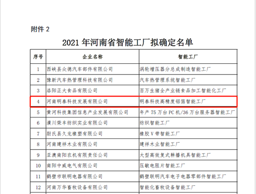 2021年河南省智能车间智能工厂拟认定名单公示，明泰科技榜上有名